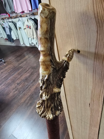 Hand carved whitetail antler handle walking stick