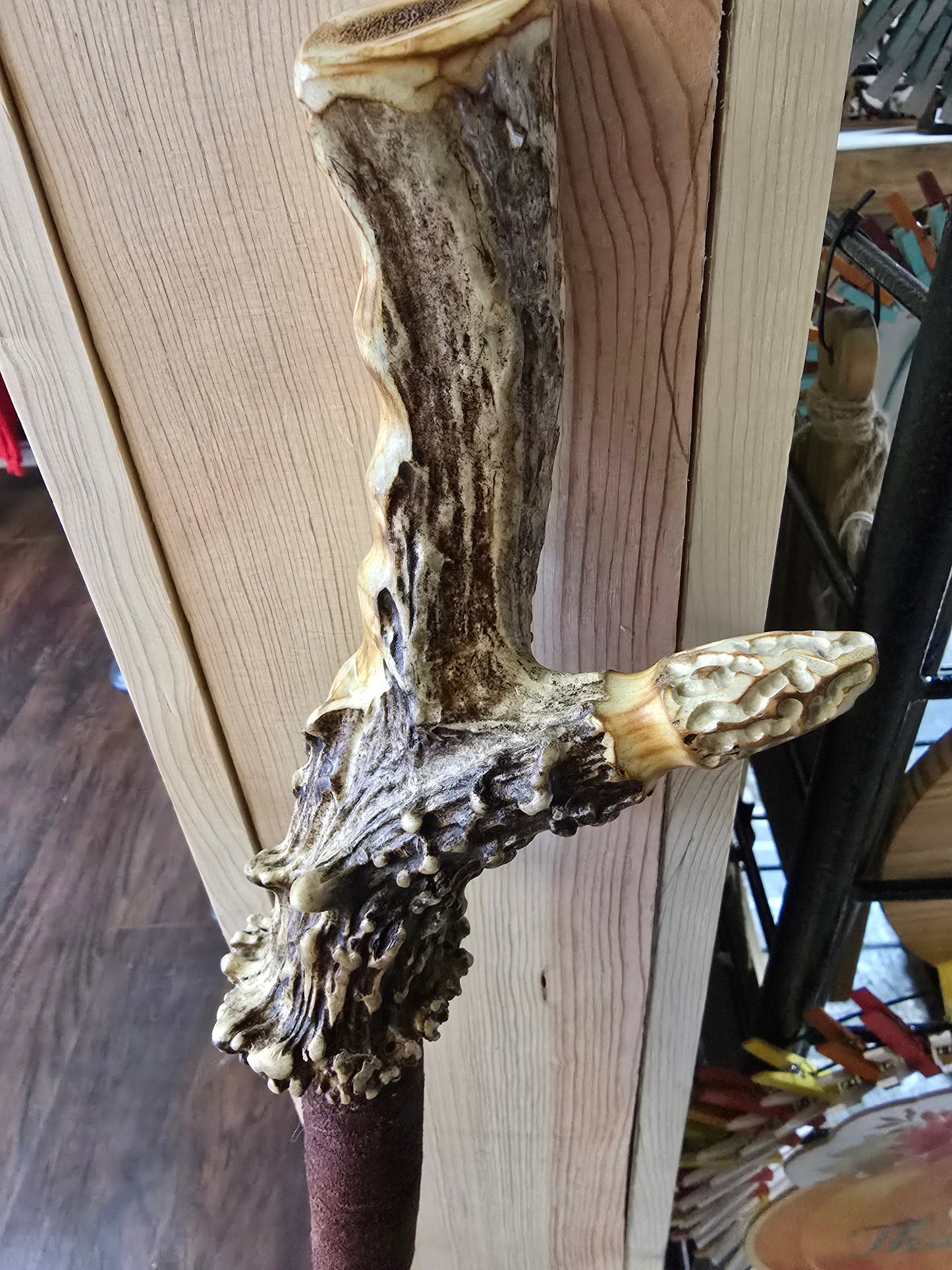 Hand carved whitetail antler handle walking stick