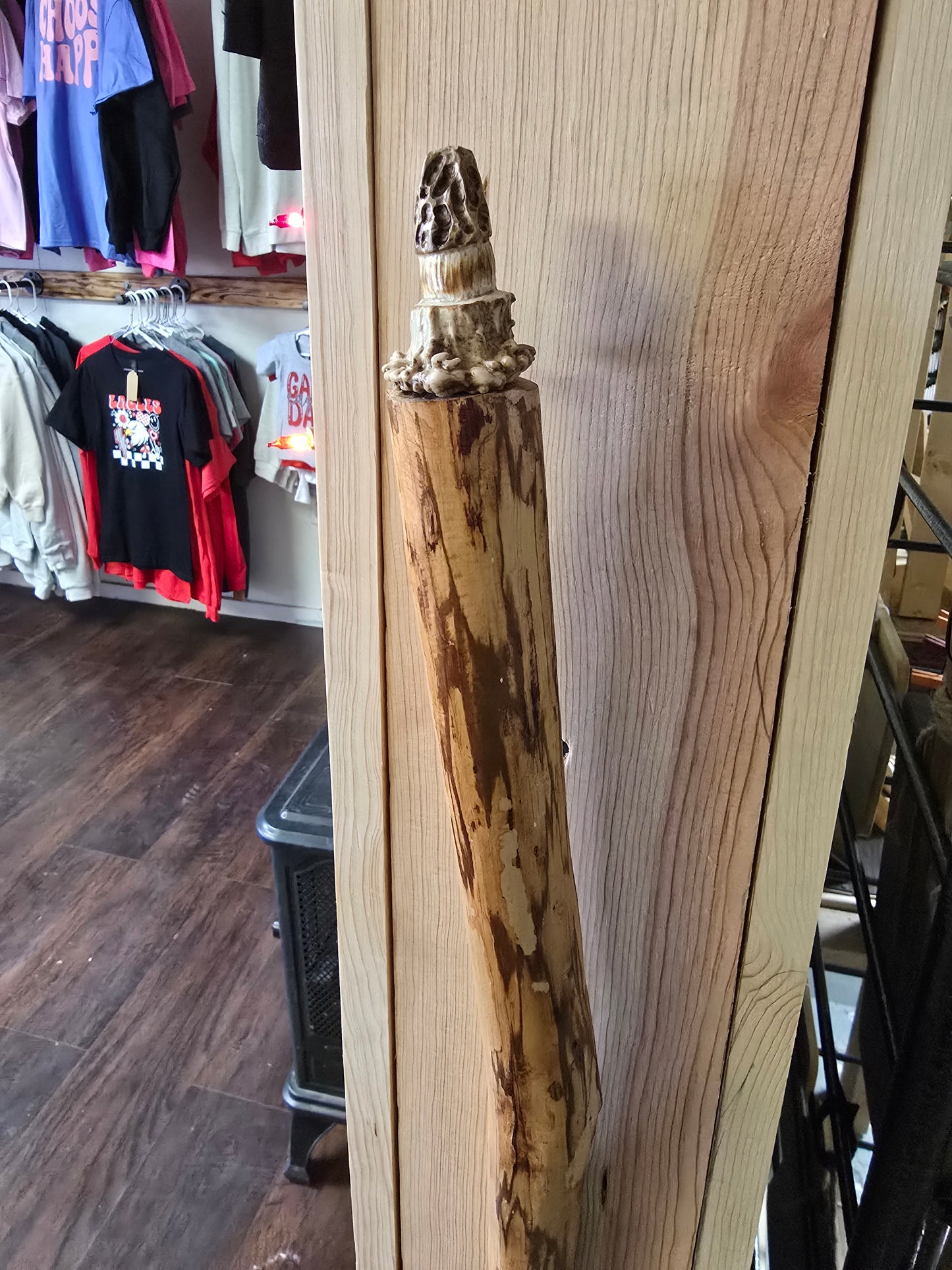 Hand carved whitetail antler cedar walking stick