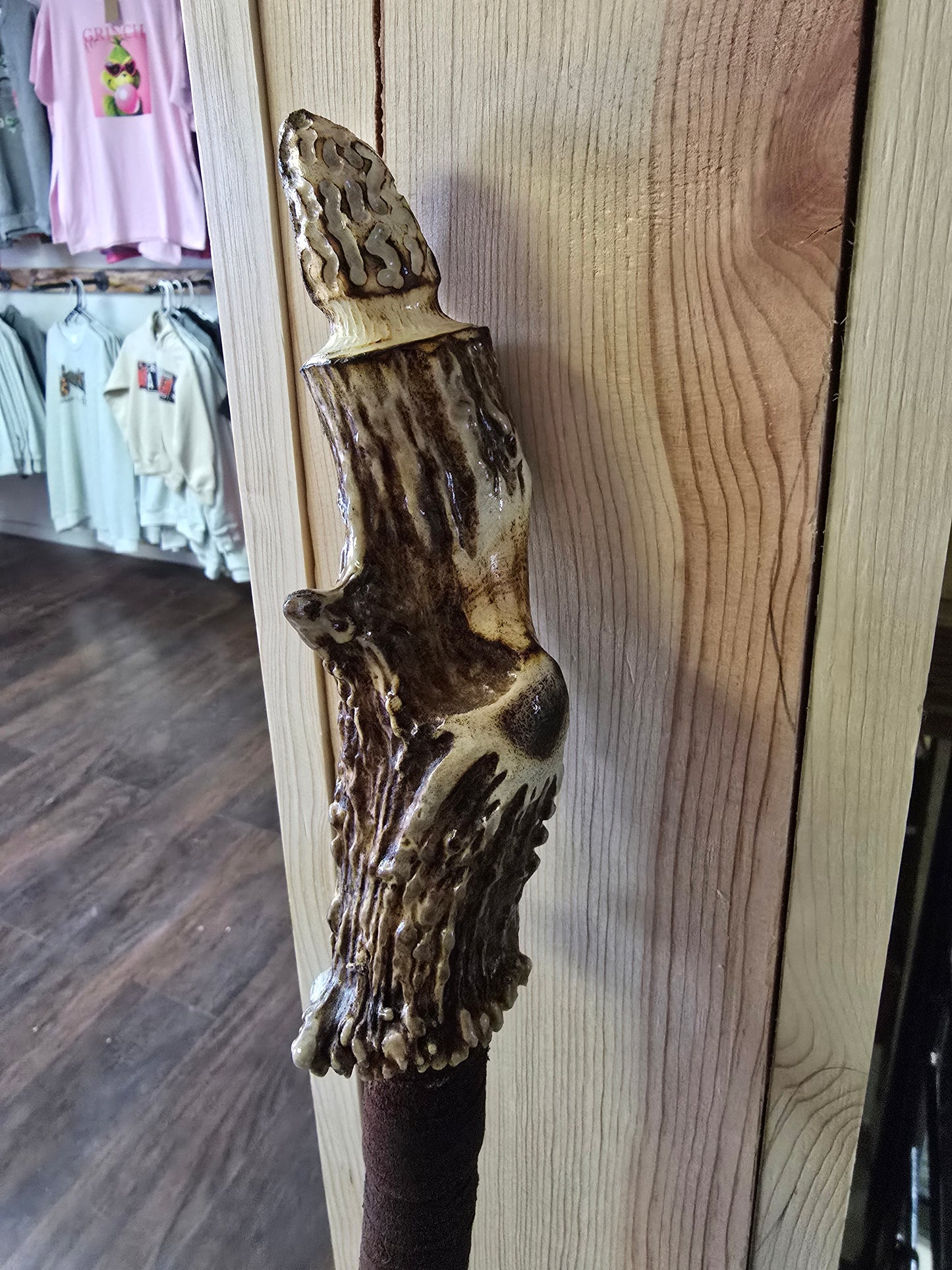 Hand carved whitetail antler cedar walking stick